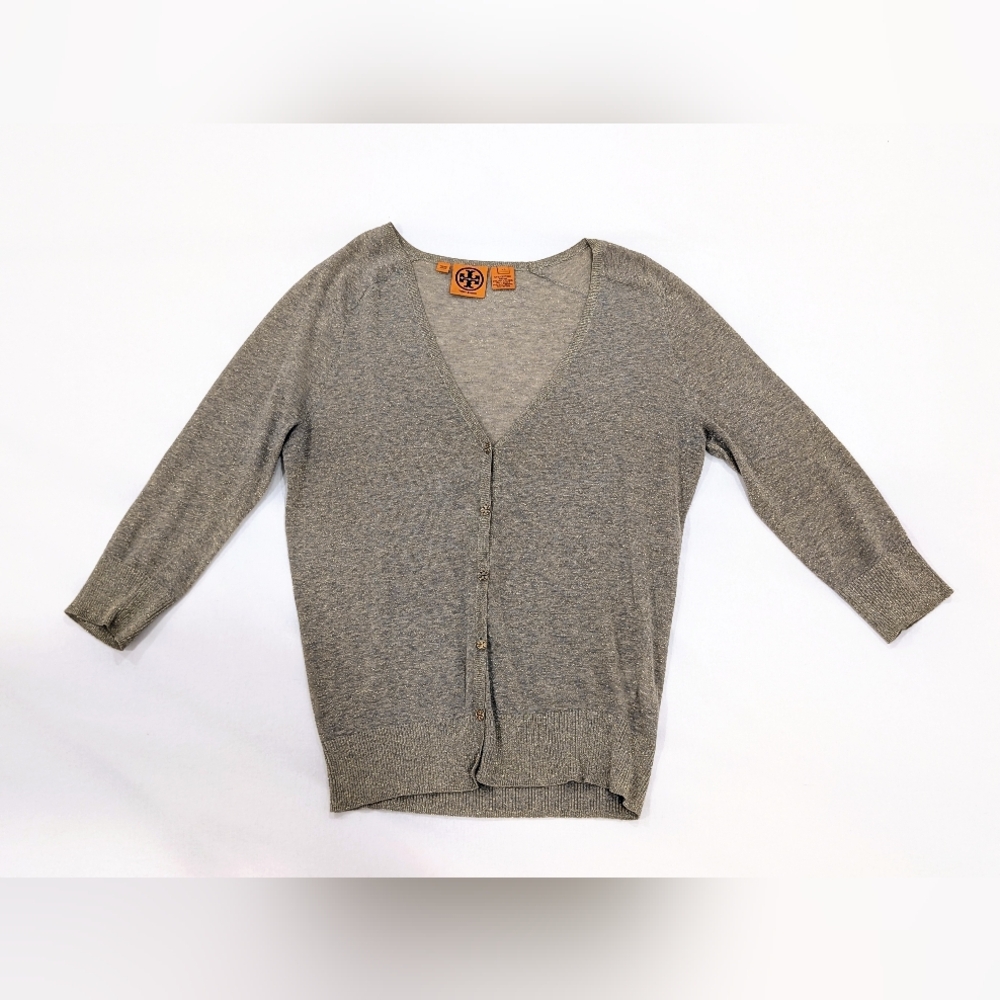 Tory Burch Taupe Knit Top with Orange Logo Patch